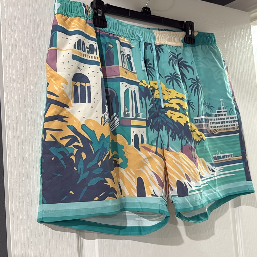 Boohoo Man‎ Swim Trunks - Teal with Cruise ship and Villa print 3XL - Picture 3 of 6
